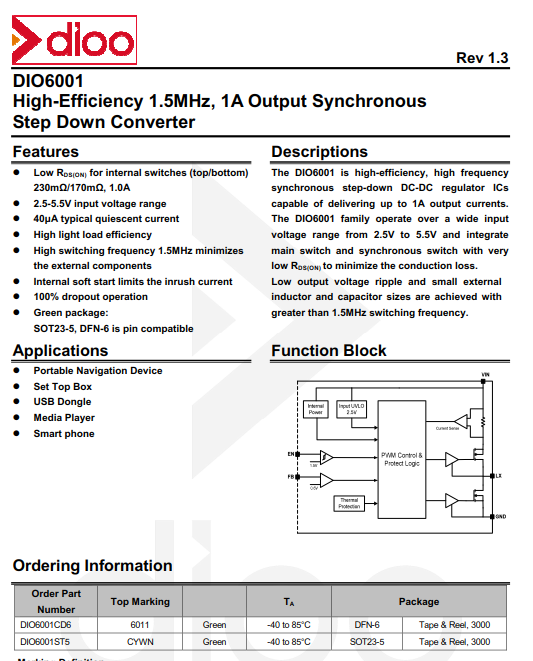 DIO6001高频同效1A同步降压IC,DIO6001现货代理就找凯特瑞