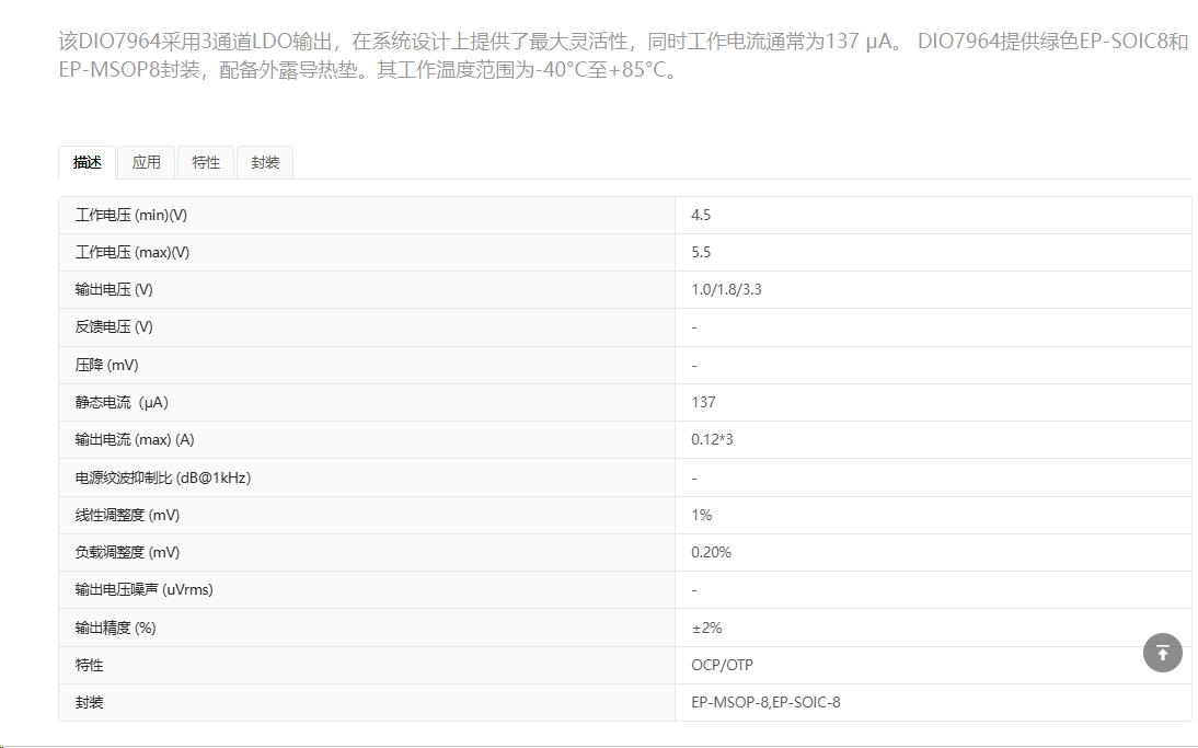 凯特瑞代理帝奥微DIO7964具有3通道120mA输入5.5V电压LDO稳压芯片