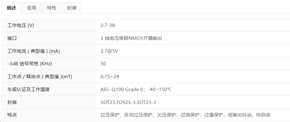 凯特瑞DIA9101高压40V车规3线电压单路NMOS开漏输出霍尔传感器产品描述